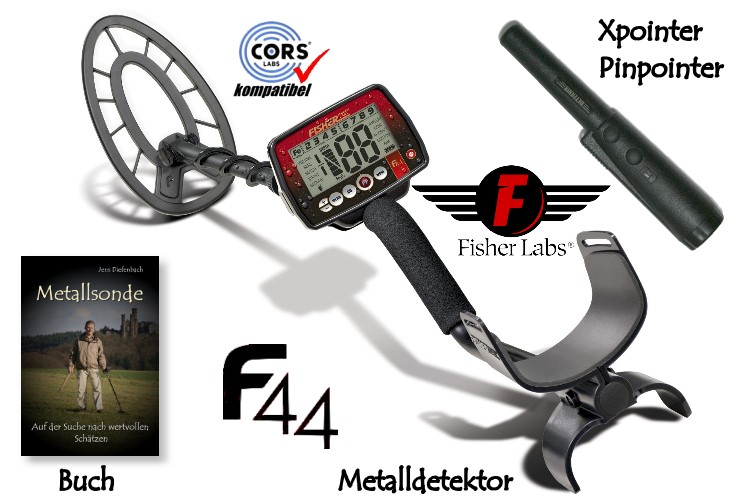 Metalldetektor Premium Ausr&uuml;stungspaket Fisher F44 mit Quest Xpointer Pinpointer